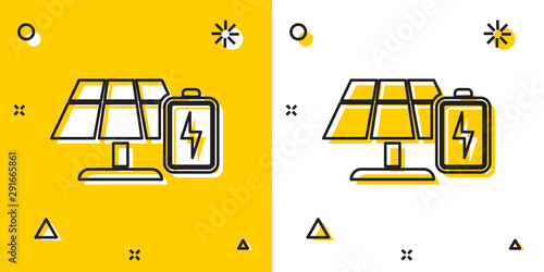 Black Solar energy panel and battery icon isolated on yellow and white background. Random dynamic shapes. Vector Illustration