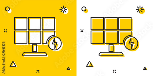 Black Solar energy panel icon isolated on yellow and white background. Random dynamic shapes. Vector Illustration