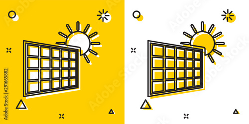 Black Solar energy panel and sun icon isolated on yellow and white background. Random dynamic shapes. Vector Illustration