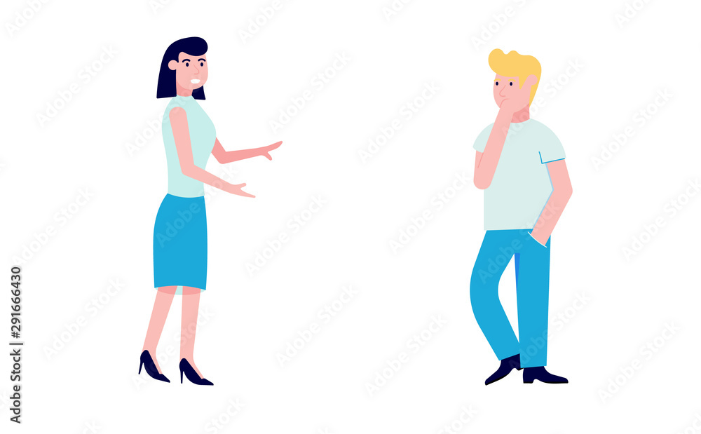 Business woman agitator with talking to the man flat style design vector illustration isolated on white background. Refer a friend concept. Business woman agitator with talking to the man flat style design vector illustration isolated on white background. Refer a friend concept.