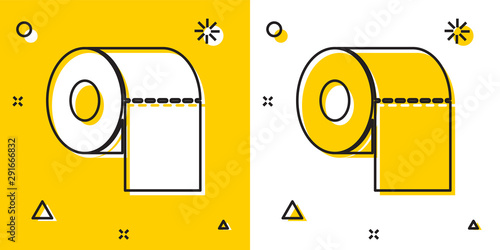 Black Toilet paper roll icon isolated on yellow and white background. Random dynamic shapes. Vector Illustration