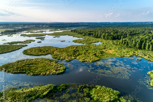 Beautiful aerial shot of a large forest lake.
