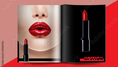 Cosmetic magazine template, lipstick and Red Mouth lips, magazine or catalog brochure for design uses. Vector illustration.