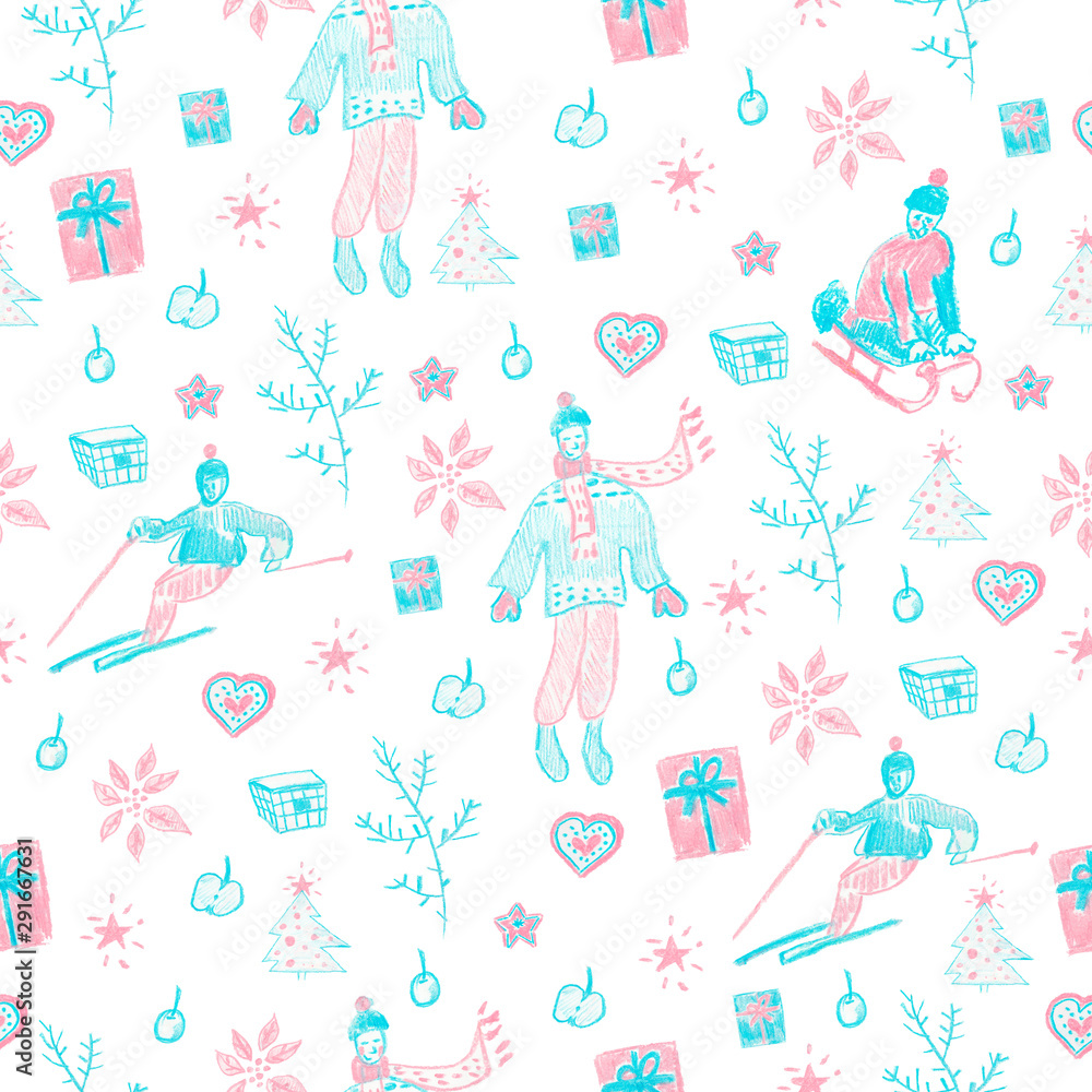 Seamless pattern with repeating illustrations. A Christmas ornament with pink and blue elements. People in winter clothes, gifts, stars, fir-tree branches the drawn with wax crayons Seamless pattern with repeating illustrations. A Christmas ornament with pink and blue elements. People in winter clothes, gifts, stars, fir-tree branches the drawn with wax crayons