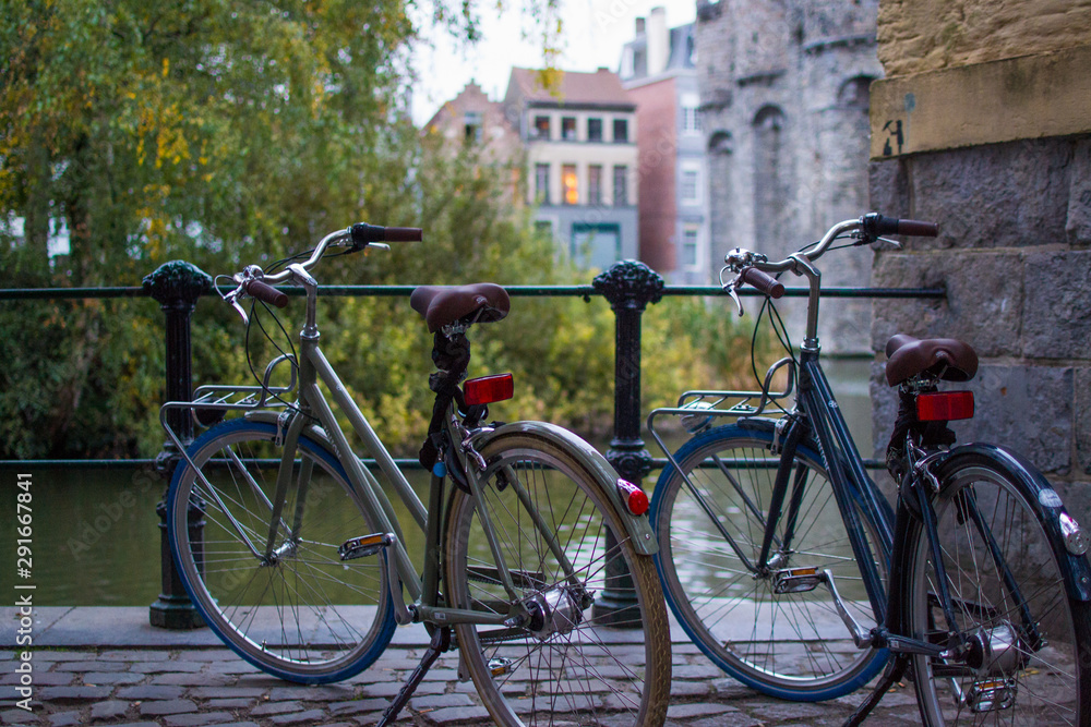 Ghent, Belgium; 10/29/2018: Rear part of two classic comfort bikes parked with a defocused background