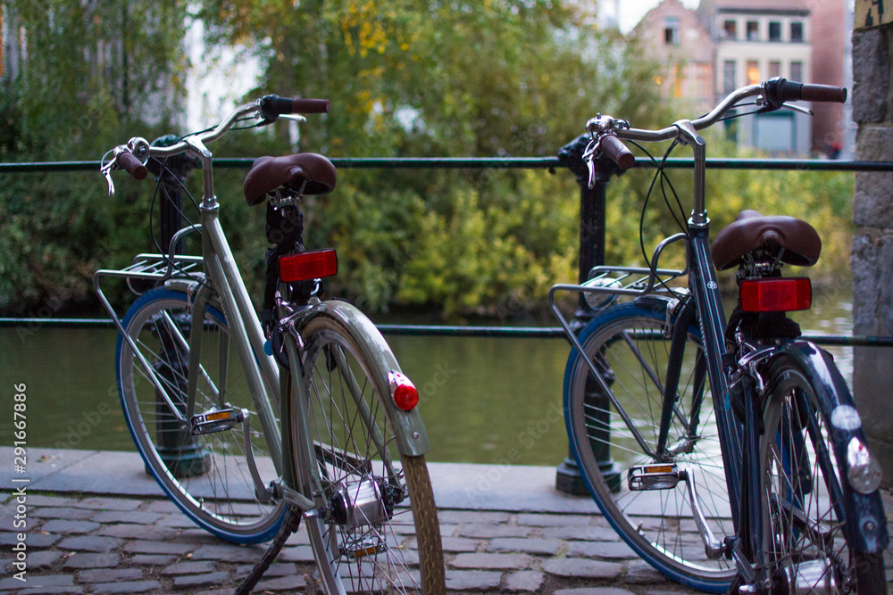 Two classic comfort bikes parked in the street with a defocused background of a river and trees