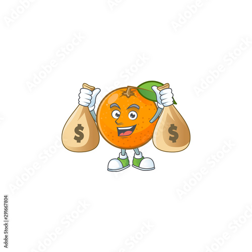 With money bag orange fruit cartoon with leaf green.