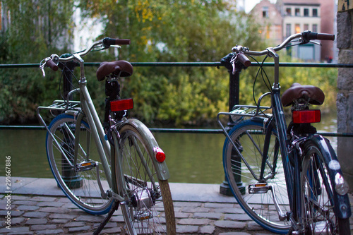 Two classic comfort bikes parked in the street with a defocused background of a river and trees