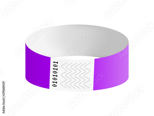 Vector illustration of violet or purple cheap empty bracelet or wristband. Sticky hand entrance event paper bracelet isolated on white. Template or mock up suitable for various uses of identification.