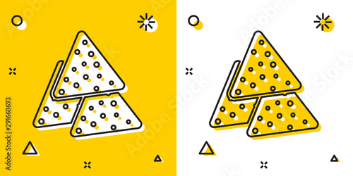 Black Nachos icon isolated on yellow and white background. Tortilla chips or nachos tortillas. Traditional mexican fast food. Random dynamic shapes. Vector Illustration