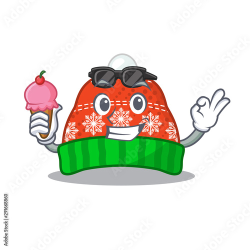 With ice cream winter hat in the mascot shape