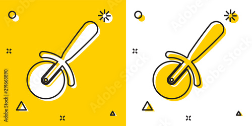 Black Pizza knife icon isolated on yellow and white background. Pizza cutter sign. Steel kitchenware equipment. Random dynamic shapes. Vector Illustration