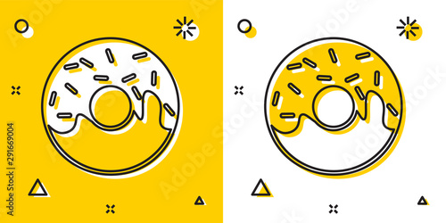 Black Donut with sweet glaze icon isolated on yellow and white background. Random dynamic shapes. Vector Illustration