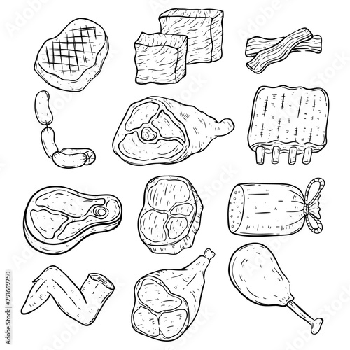 Collection of chicken pork and beef meat with doodle art