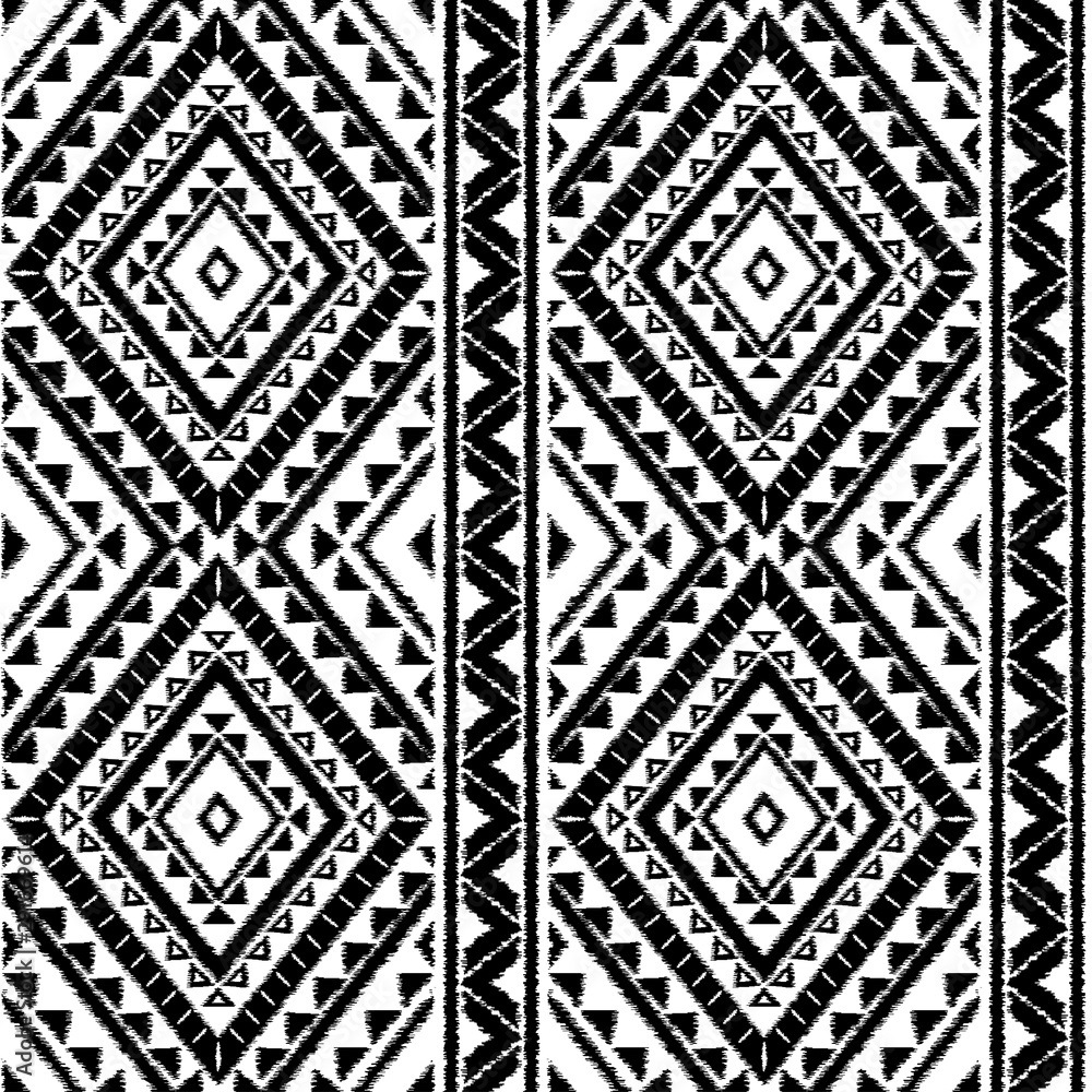 Peru ikat tribal pattern vector seamless. Traditional ethnic embroidery art print. White and black border textile texture. Mexico background for boho rug, fabric, blanket and backdrop.