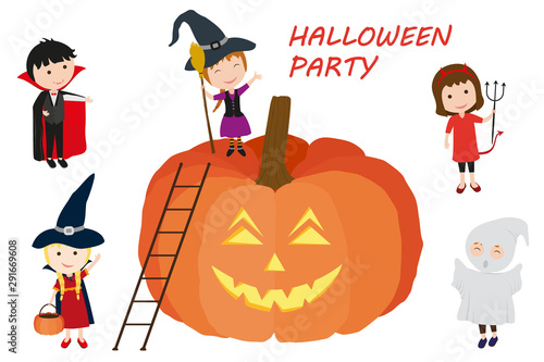 Halloween party. Cute children in holiday costumes for Halloween: Dracula, witch, ghost, imp. Girl climbs ladder to large   pumpkin. Vector illustration.