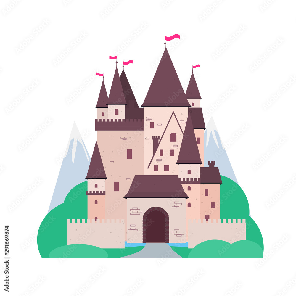 Fairytale castle with landscape on white background. Cut out illustration with palace, mountains, trees and forest. Vector flat illustration .