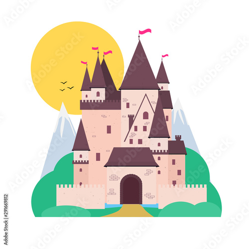 Castle with landscape on white background. Cut out illustration with palace, mountains, trees and forest. Vector illustration flat.