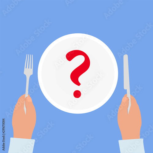 Hands with knife and fork. Plate with question. Diet conception, food plan. Vector concept illustration.