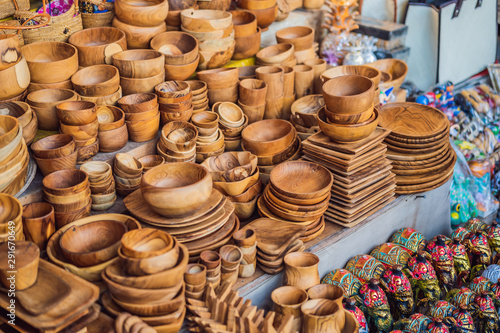 Typical souvenirs and handicrafts of Bali at the famous Ubud Market