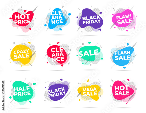 12 Modern liquid abstract flash sale, clearance, black friday, etc. text set flat style design fluid amoeba color vector illustration banners or flyer leflet icon sign.