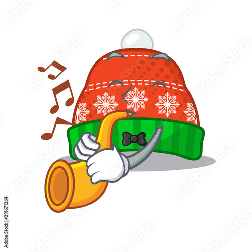 With trumpet winter hat in a cartoon bag photo