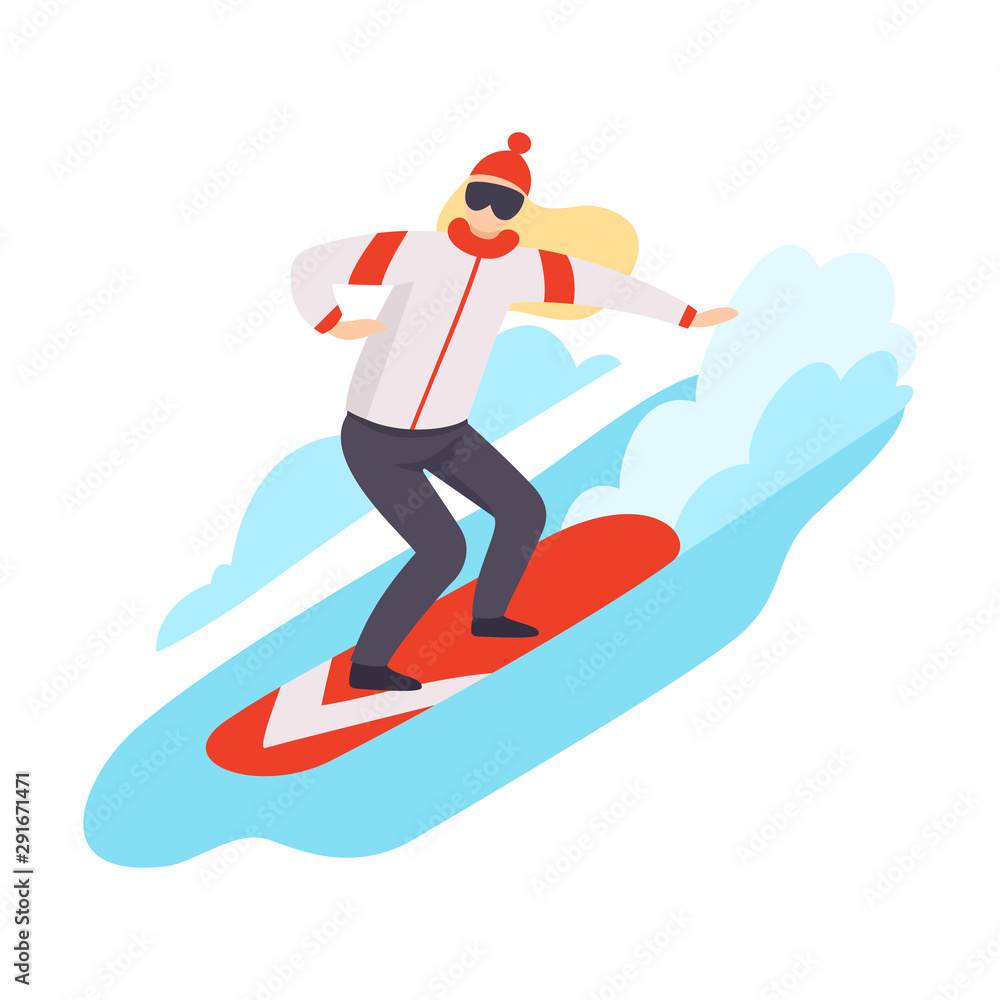 Flat vector illustration of snowboarding woman isolated on white background.