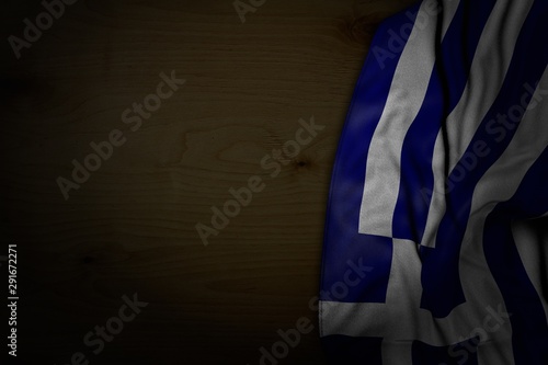 beautiful celebration flag 3d illustration. - dark illustration of Greece flag with big folds on dark wood with free place for your text