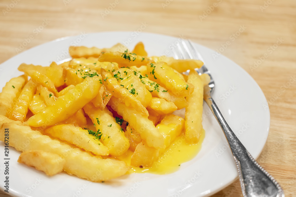 Crinkle Cut French Fries Topped with Melted Cheddar Cheese. Crinkle Cut French Fries Topped with Melted Cheddar Cheese.