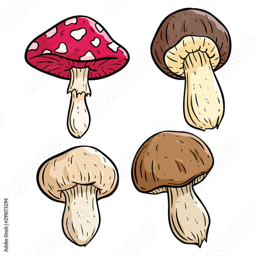 Set of colored mushroom illustration using doodle art