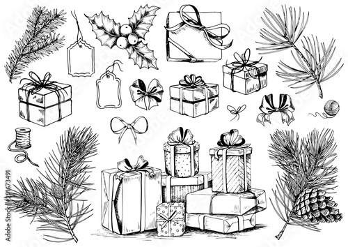 Gift box sketch. Christmas collection of ribbon bows, present boxes and evergreen branches. Hand drawn vector illustration.