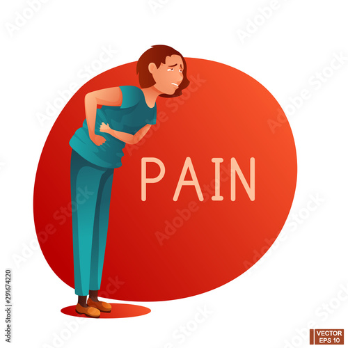Cartoon character girl is sick, experiencing stomach ache.
