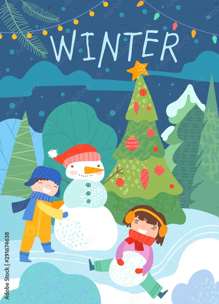 Colorful winter scene with kids and snowman in a forest with decorated tree and lights, cartoon vector illustration Colorful winter scene with kids and snowman in a forest with decorated tree and lights, cartoon vector illustration