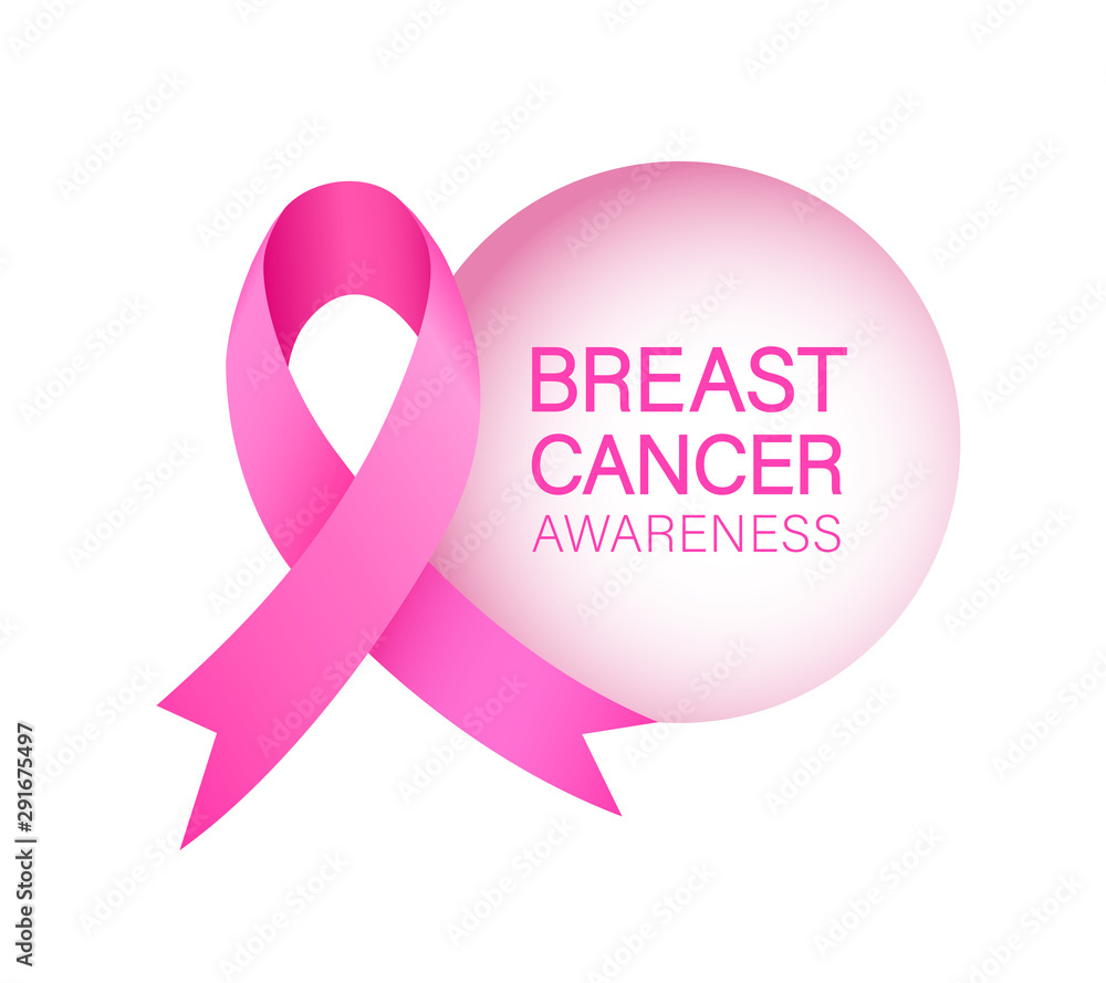 Pink ribbon with circle. Breast Cancer Awareness Month Campaign. Icon design. Illustration isolated on white background.