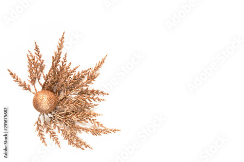 Christmas or new year frame composition. Pattern made of golden leaves on white background. Flat lay  top view  copy space