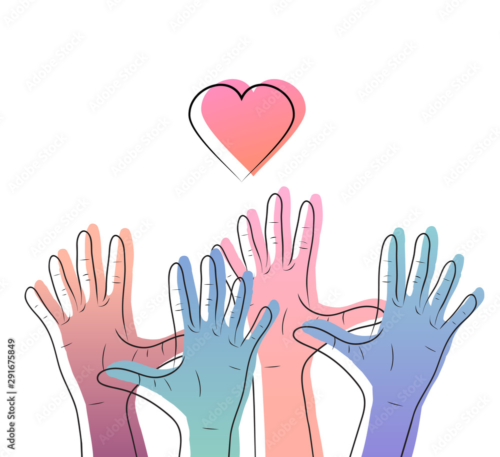 Linear illustration of color gradient human hands with hearts. International day of friendship and kindness. The unity of people. Vector element for cards, invitations, templates and your creativity. Linear illustration of color gradient human hands with hearts. International day of friendship and kindness. The unity of people. Vector element for cards, invitations, templates and your creativity.