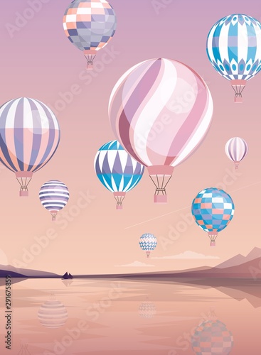 Flying air balloons flat vector illustration. Various aircrafts over river. Aerial transportation background. Hot air ballooning on picturesque landscape. Aerostat transport, soaring balloon in flight