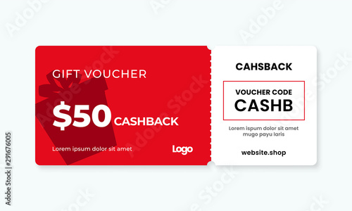 Gift voucher card 50% cashback template design with coupon code promotion text vector illustration photo