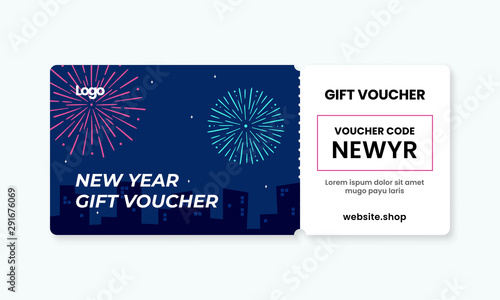 happy new year gift voucher card template design. city night sky with fire work artwork background coupon code promotion vector illustration