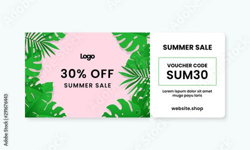 Summer gift voucher card template design with tropical leaf artwork background. Coupon code text sale promotion.