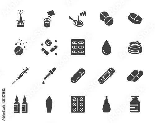 Drug, Pharmacy Medical Silhouette Flat Icons. Vector Glyph Illustration Included Icon as Effervescent Pills, Cough Syrup Bottle, Gel, Antibiotic Capsule and other Pharmaceutical Pictogram