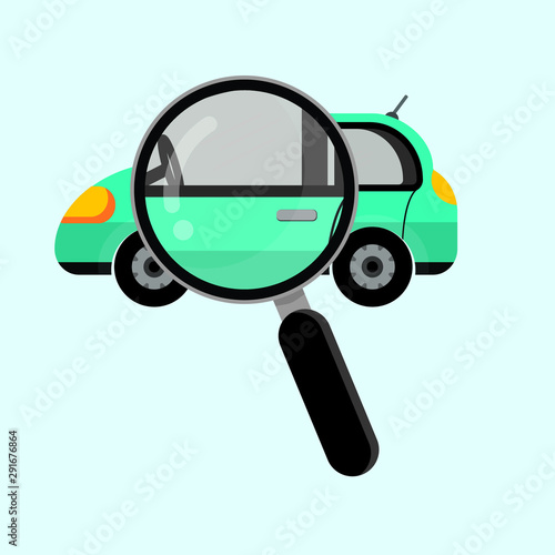 Magnifying glass with car survey and assessment.