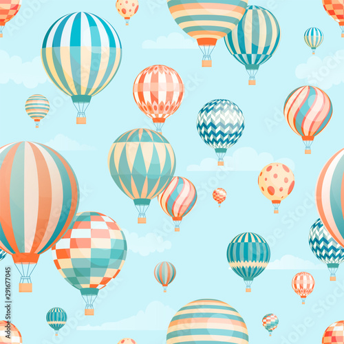 Air balloons in sky vector seamless pattern
