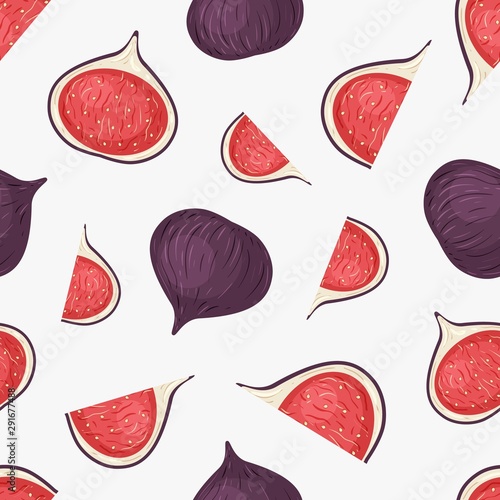 Fig fruits hand drawn vector seamless pattern. Delicious natural dessert texture. Ripe organic food decorative backdrop. Sweet vegetarian snack, tasty sliced exotic delicacy illustration.