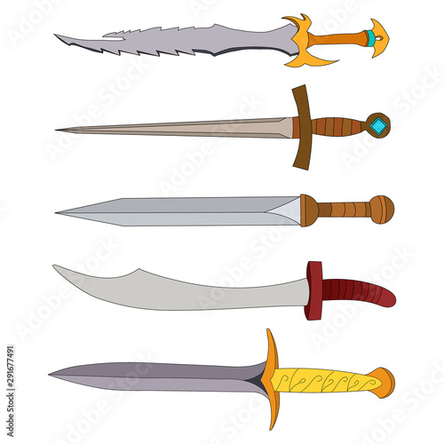vector, isolated, weapon, sword, saber, set, collection