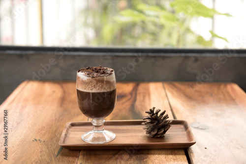 Wood table top with chocolate in cafe or (coffee shop,restaurant ) Selective focus background