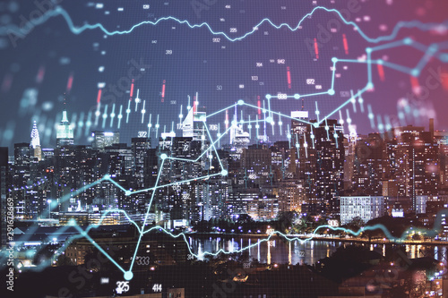 Double exposure of forex chart drawings over cityscape background. Concept of success.