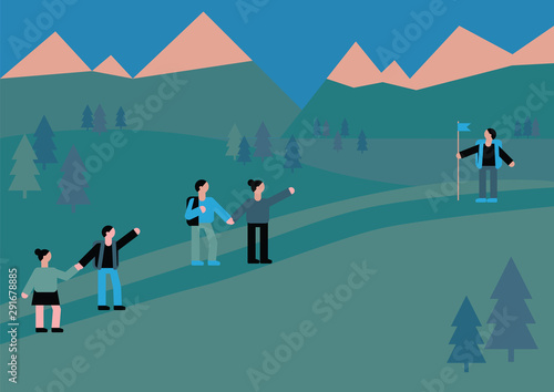 Flat vector illustration of people climb the mountains with guide who stand on top and wait with flag. Hill trip. Summer landscape background with someone conquer the peak. Poster in minimal style.