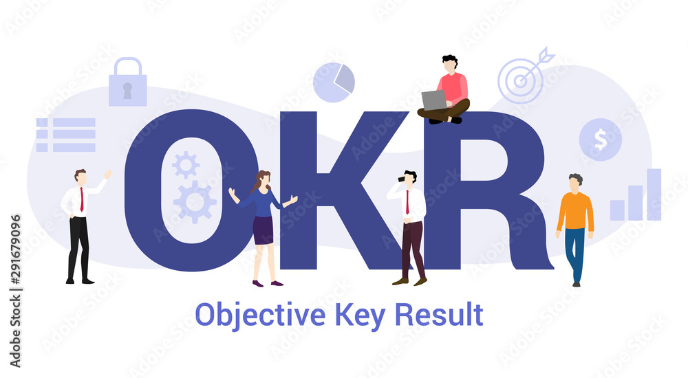 okr objective key result concept with big word or text and team people with modern flat style - vector okr objective key result concept with big word or text and team people with modern flat style - vector