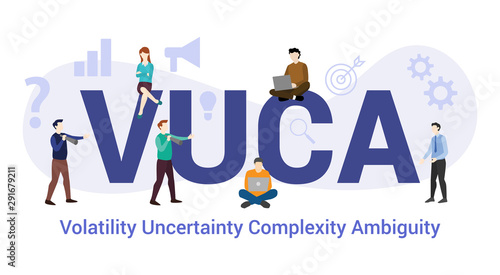vuca volatility uncertainty complexity ambiguity concept with big word or text and team people with modern flat style - vector